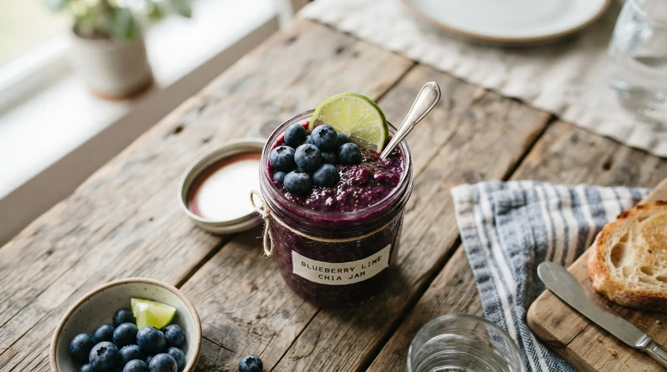 Vibrant purple-blue blueberry lime chia seed jam in a small glass jar, garnished with fresh blueberries and a lime slice.