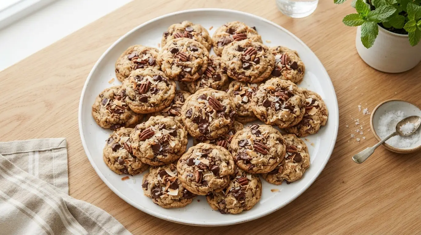 Golden-brown flourless magic cookie bars with visible layers of chocolate chips, coconut, and nuts on a white platter.