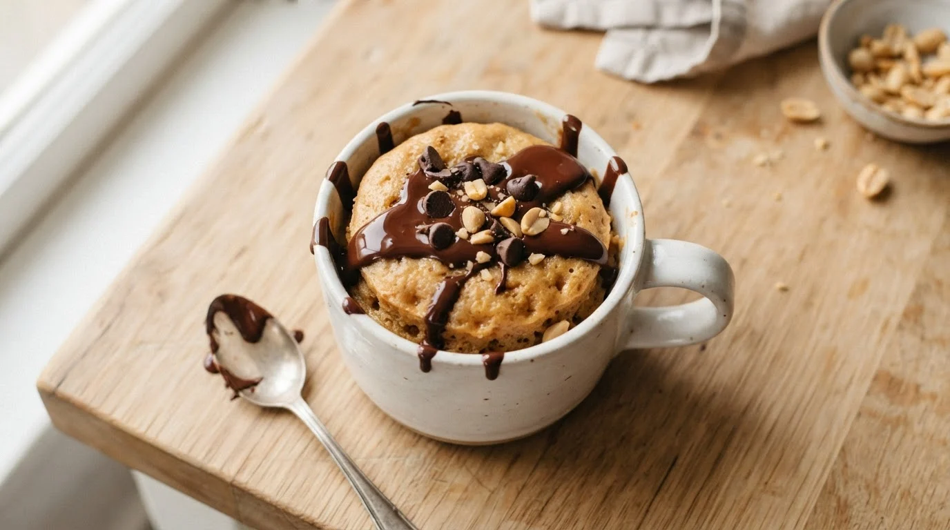Golden-brown peanut butter mug cake in a white ceramic mug, topped with melted chocolate chips.