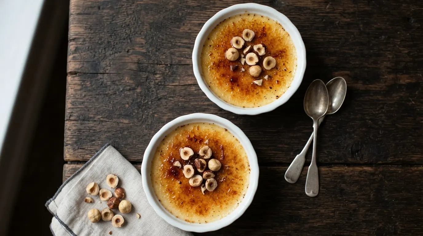 Two hazelnut creme brulee in white ramekins with golden caramelized sugar tops and toasted hazelnuts on a dark wooden table.