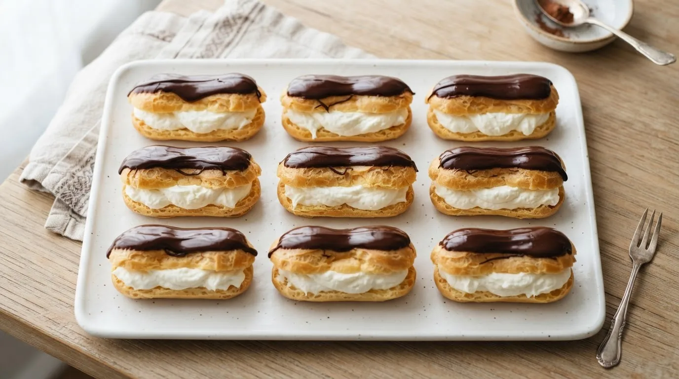 Golden-brown keto eclairs filled with white cream and topped with glossy dark chocolate glaze on a white platter.